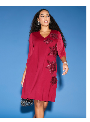 Abito in jersey punto Roma con fiori di paillettes, scollo a V e maniche a 3/4