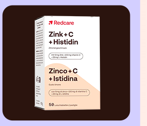 „Confezione Redcare Zinco + C + Istidina, 50 compresse gusto limone. Sfondo marrone con bordi lilla.“