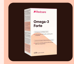 „Confezione di Redcare Omega-3 Forte, 120 capsule. Sfondo marrone con cornice salmone.“