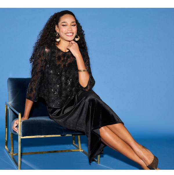 Abito midi da cocktail con paillettes, scollo rotondo e maniche a 3/4