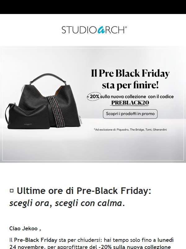 ⏰ Il tuo -20% del Pre-Black Friday sta per finire.