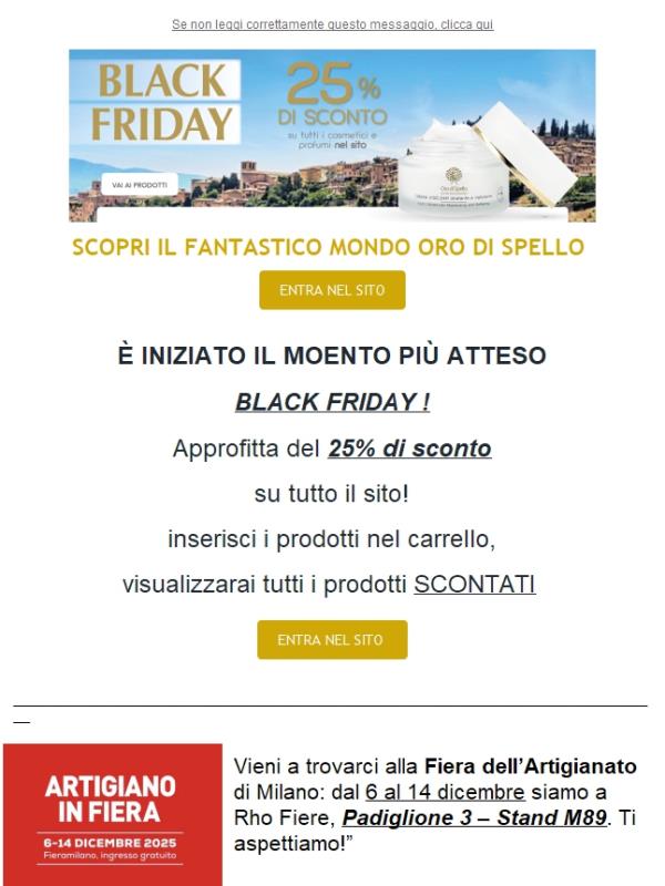 Black Friday Oro di Spello! -25% su tutti i prodotti! Approfitta subito.