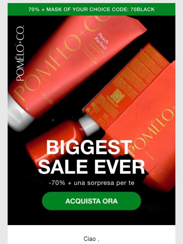 70 % di sconto + maschera in omaggio nel più grande sale dell’anno,