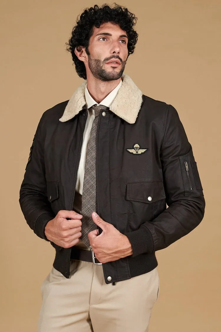 Image of Giubbotto aviatore in pelle raggrinzita testa di moro collo montone