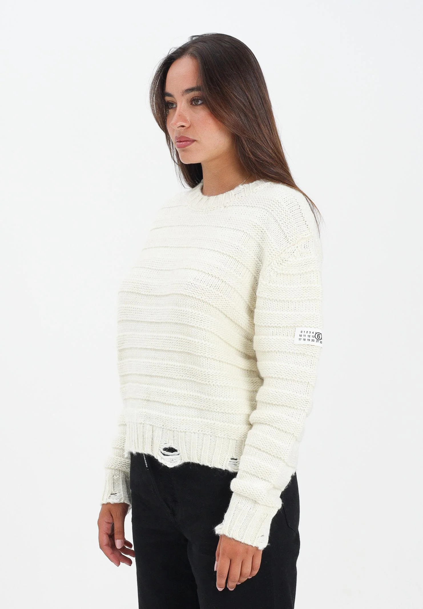 Image of MAISON MARGIELA Maglioncino girocollo panna per donna, ragazzi e bambini in misto lana a coste con rotture