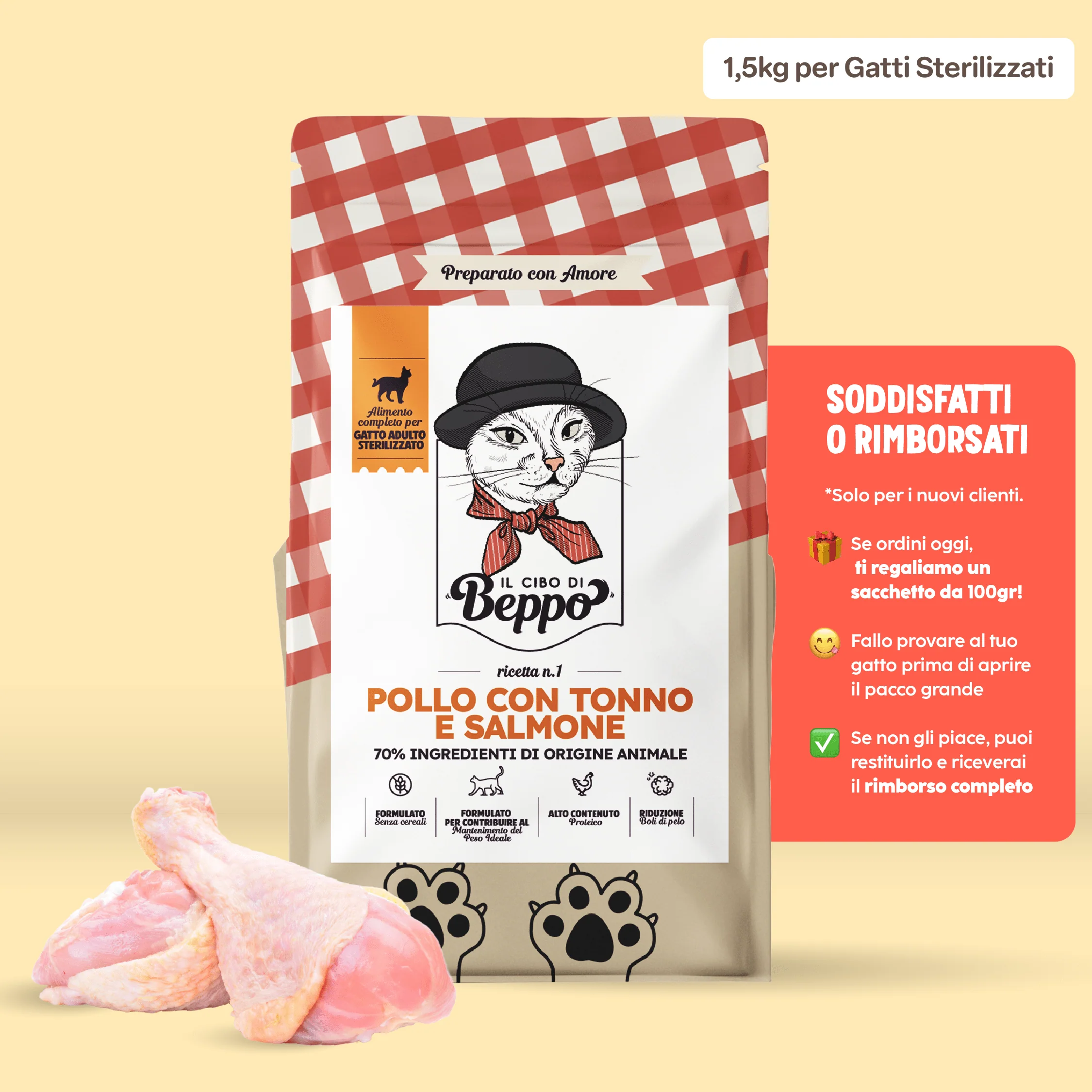 Image of Il Cibo di Beppo - Crocchette per Gatti Sterilizzati - Ricetta Grain Free - Formulata senza grano e senza glutine - Alimento Completo - 1.5kg