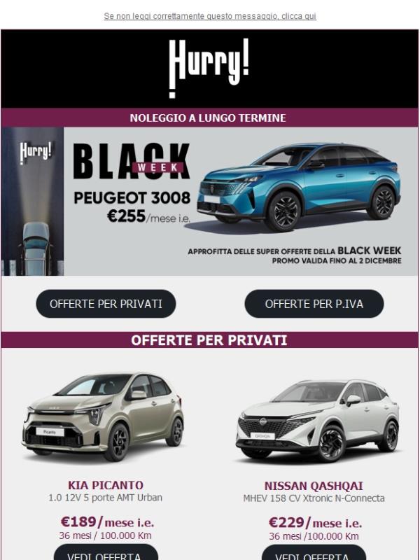 SUPER SCONTI per la BLACK WEEK di HURRY! Noleggio da 189€/mese 🚘 solo fino al 2 Dicembre!