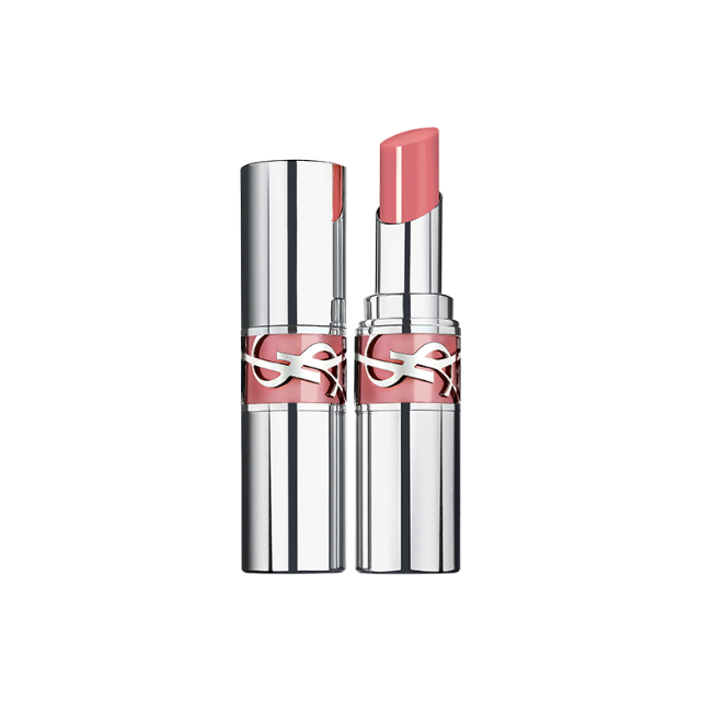 Due tubetti di rossetto YSL Rouge Volupté Shine in una tonalità rosa tenue, con packaging argentato e l'iconico dettaglio del logo YSL.
