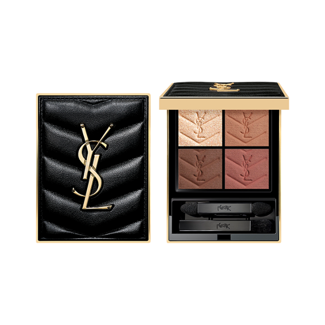 Una palette di ombretti YSL Couture Colour Clutch nera trapuntata, con quattro tonalità calde e due applicatori.