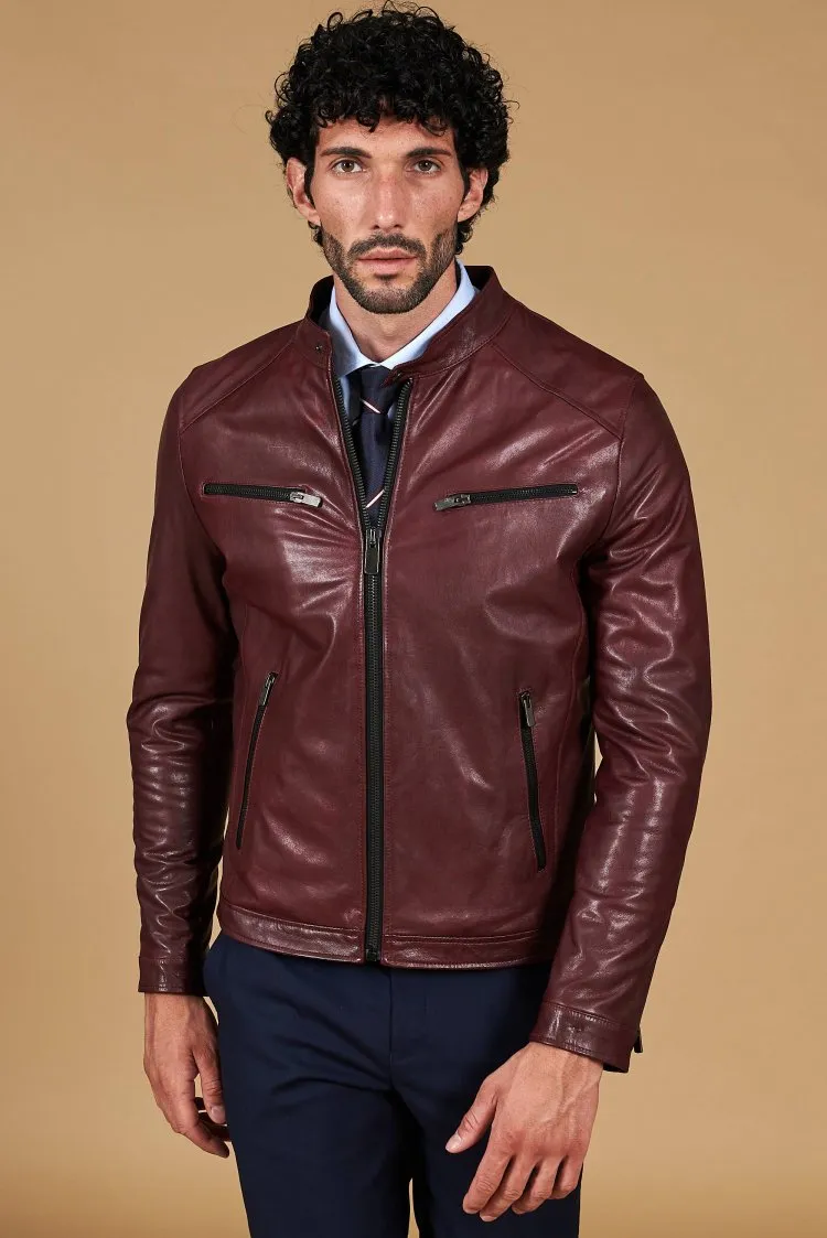 Image of Giacca in pelle vegetale colore vinaccio effetto vintage