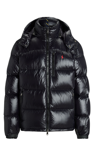 Down jacket with hat and with logo