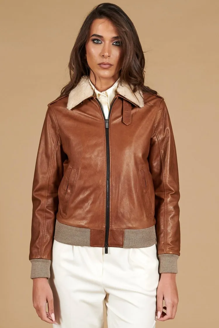 Image of Bomber aviator in pelle color cuoio effetto vintage