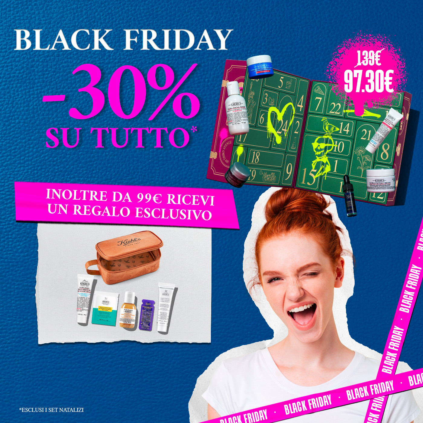 Visual della promo Black Friday Kiehl’s: -30% su tutto e regalo esclusivo da 99€. Mostrato anche il Calendario dell’Avvento scontato e una selezione di prodotti skincare.