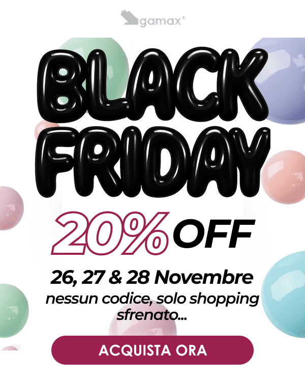 Ciao Cara, ci siamo!  Black Friday Gamax: -20% su tutto il catalogo. Da oggi fino a Venerdì a mezzanotte...   La parte migliore? Non devi inserire codici, non devi cercare le offerte giuste, non devi controllare cosa è escluso. Lo sconto è già applicato. Su tutto.  Vuoi rifare scorta dei tuoi prodotti preferiti? Vuoi provare qualcosa di nuovo? Vuoi anticipare i regali di Natale e risparmiare il 20%?   Tre giorni. Tutto il catalogo. Zero complicazioni.