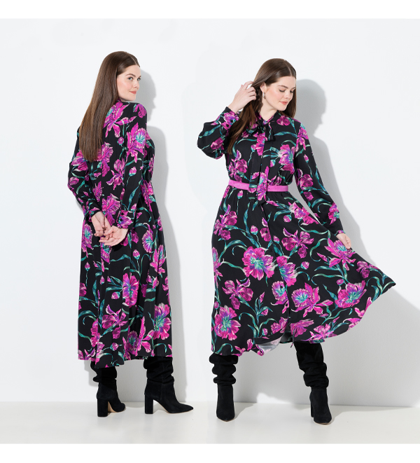 Maxi abito dal taglio svasato con fiocco, scollo a V e maniche lunghe