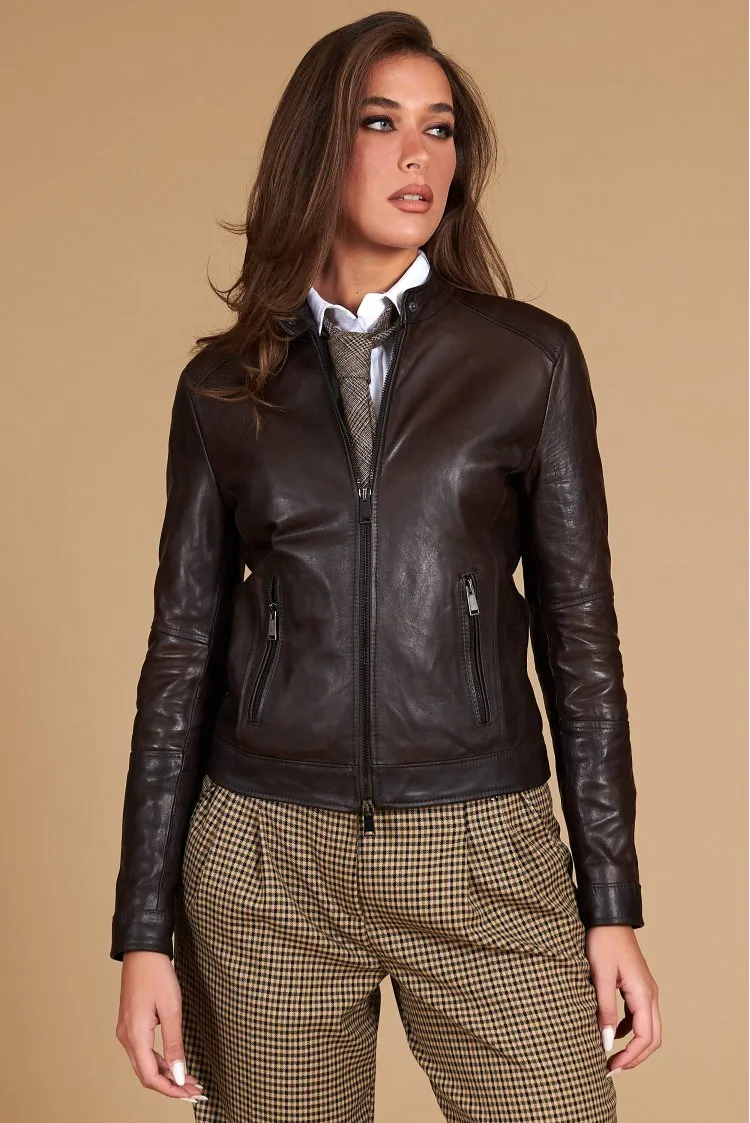 Image of Giacca biker in pelle testa di moro effetto vintage