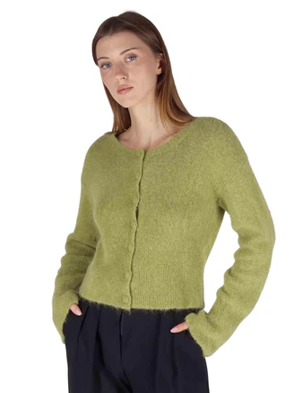 Cardigan in lana alpaca verde a girocollo Donna JABMF0025-G073 7013