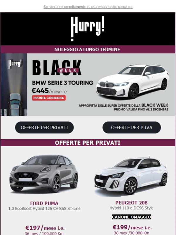 SUPER SCONTI per la BLACK WEEK di HURRY! Noleggio da 189€/mese 🚘 solo fino al 2 Dicembre!
