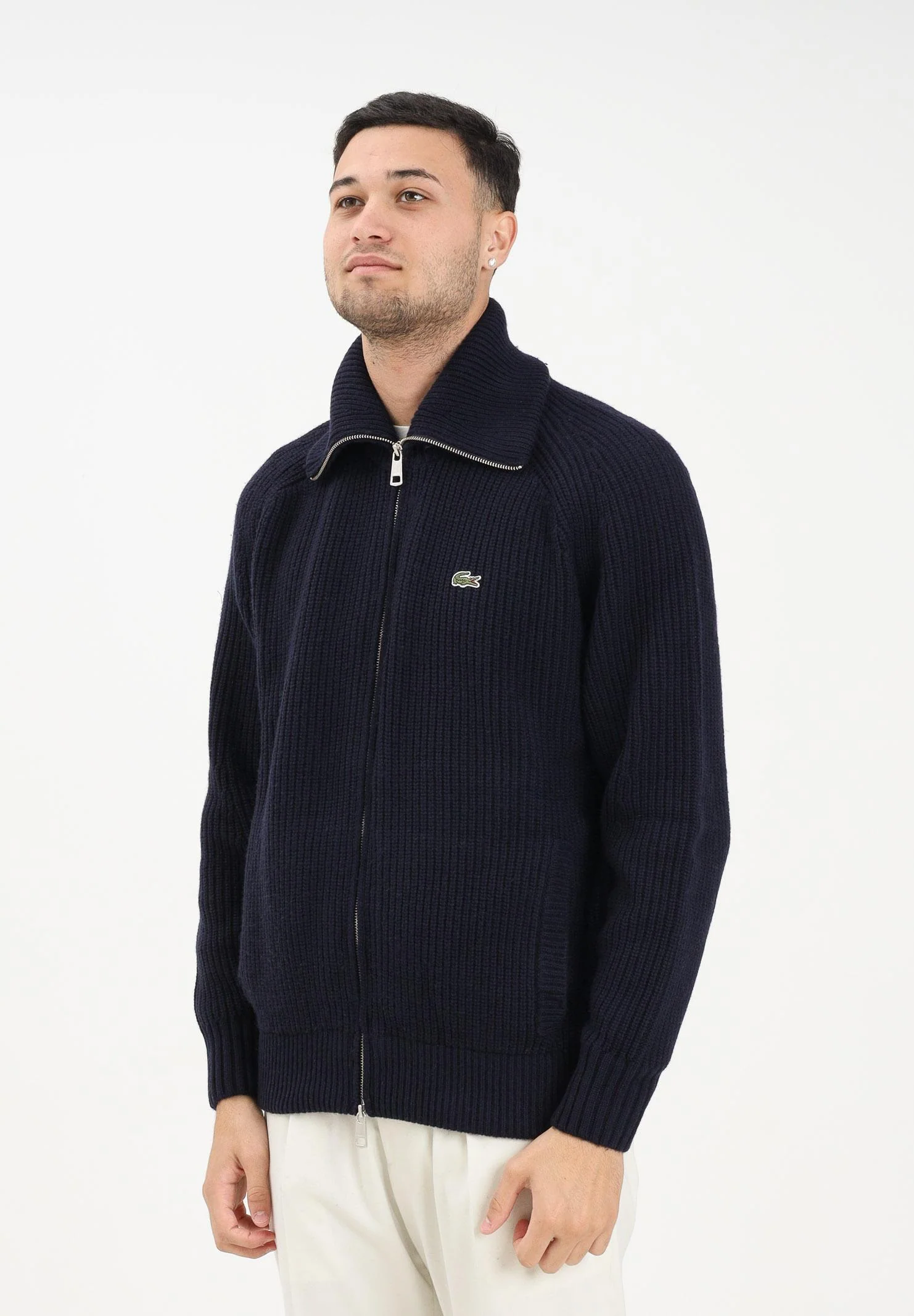Image of LACOSTE Cardigan blu da uomo con zip e logo