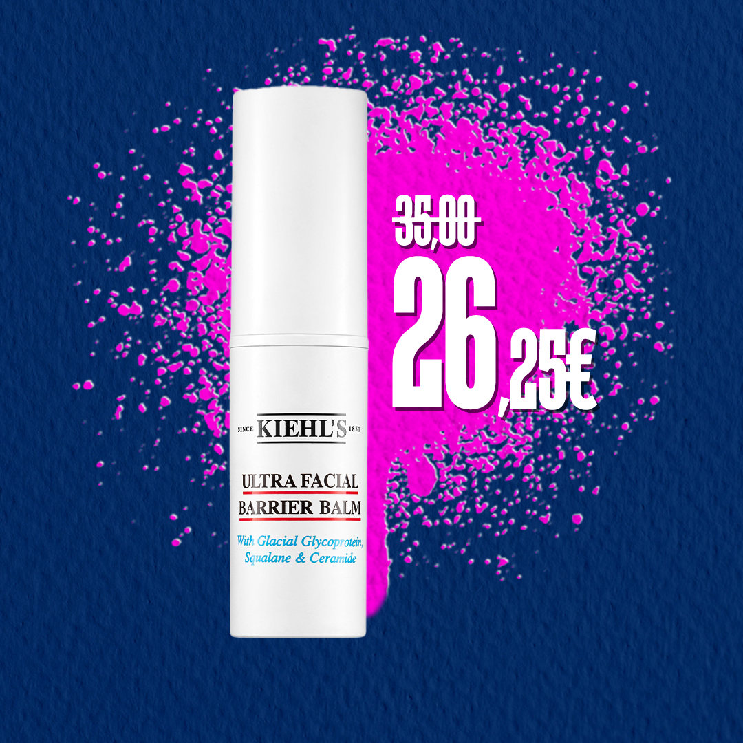Ultra Facial Barrier Balm Kiehl’s mostrato con prezzo scontato da 35€ a 26,25€, su sfondo blu con splash rosa.