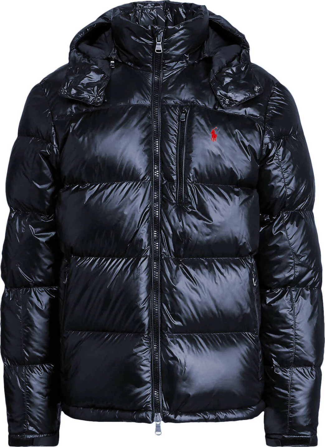 Polo Ralph Lauren Piumino Uomo Gorham Lucido Blu Giubbotto Con Cappuccio E Zip Pony Rosso Ricamato