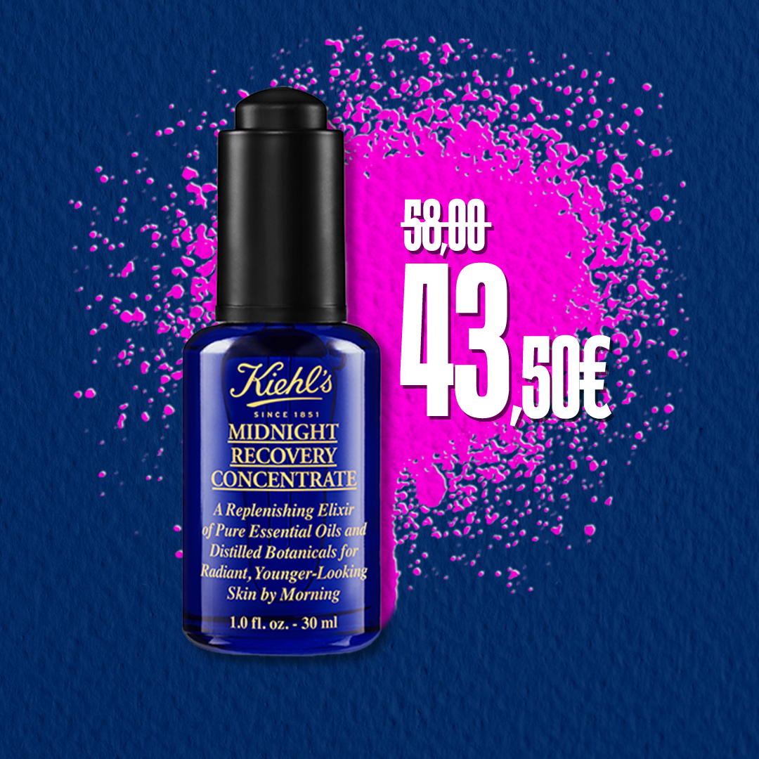 Flacone del Midnight Recovery Concentrate Kiehl’s con prezzo scontato da 58€ a 43,50€ su sfondo blu e splash rosa.