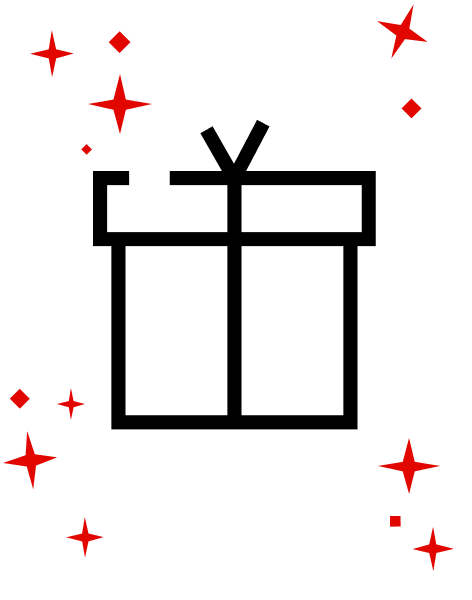 Stelle rosse e diamanti sparsi in una confezione regalo nera delineata