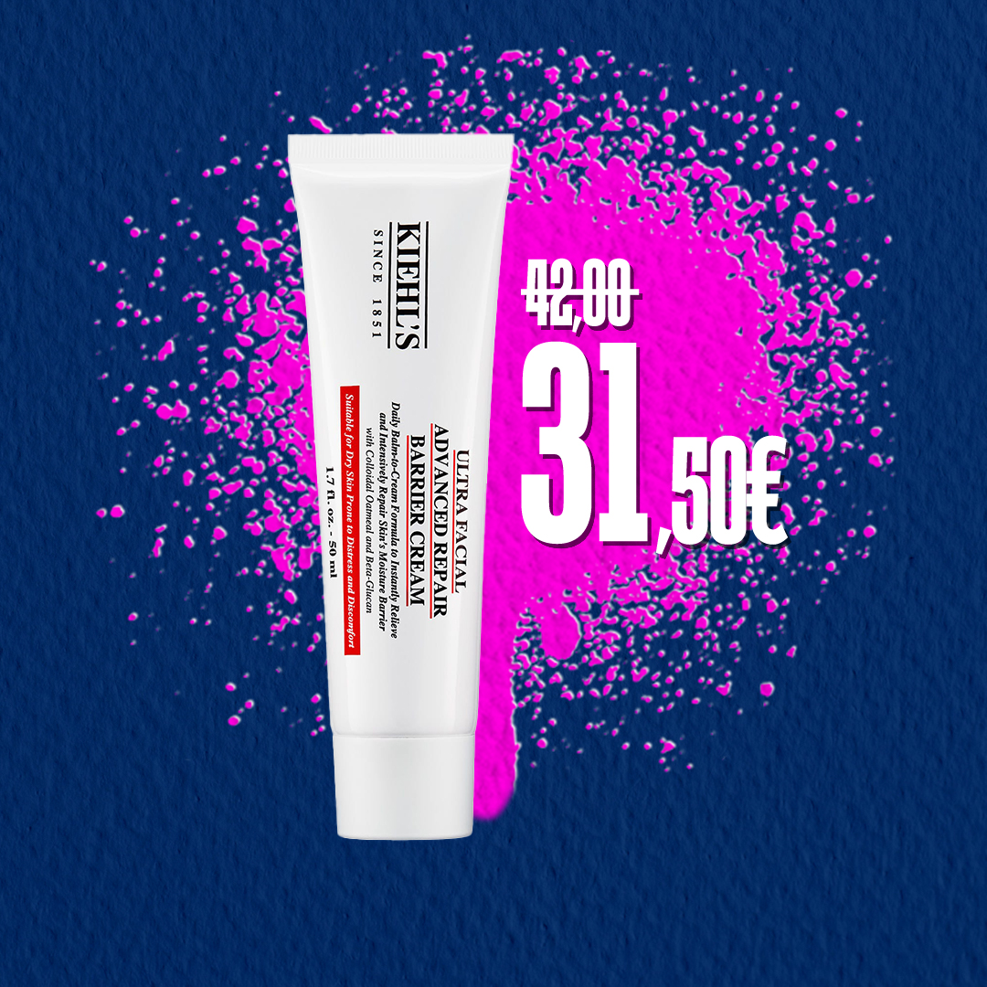 Ultra Facial Advanced Repair Cream Kiehl’s con prezzo scontato da 42€ a 31,50€, su sfondo blu con splash rosa.