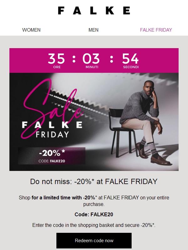 -20%* on everything at FALKE FRIDAY!