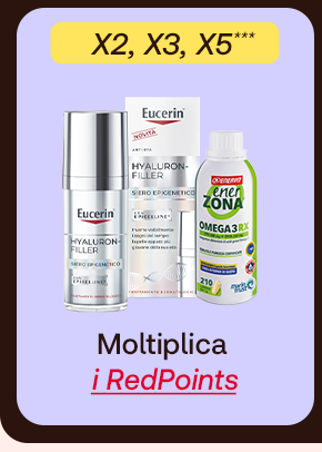 „Banner con prodotti Eucerin Hyaluron-Filler e Enervit Omega 3 RX. Bollino giallo con testo: ‘X2, X3, X5.’ Testo: ‘Moltiplica i RedPoints.’ Sfondo lilla con cornice scura.“