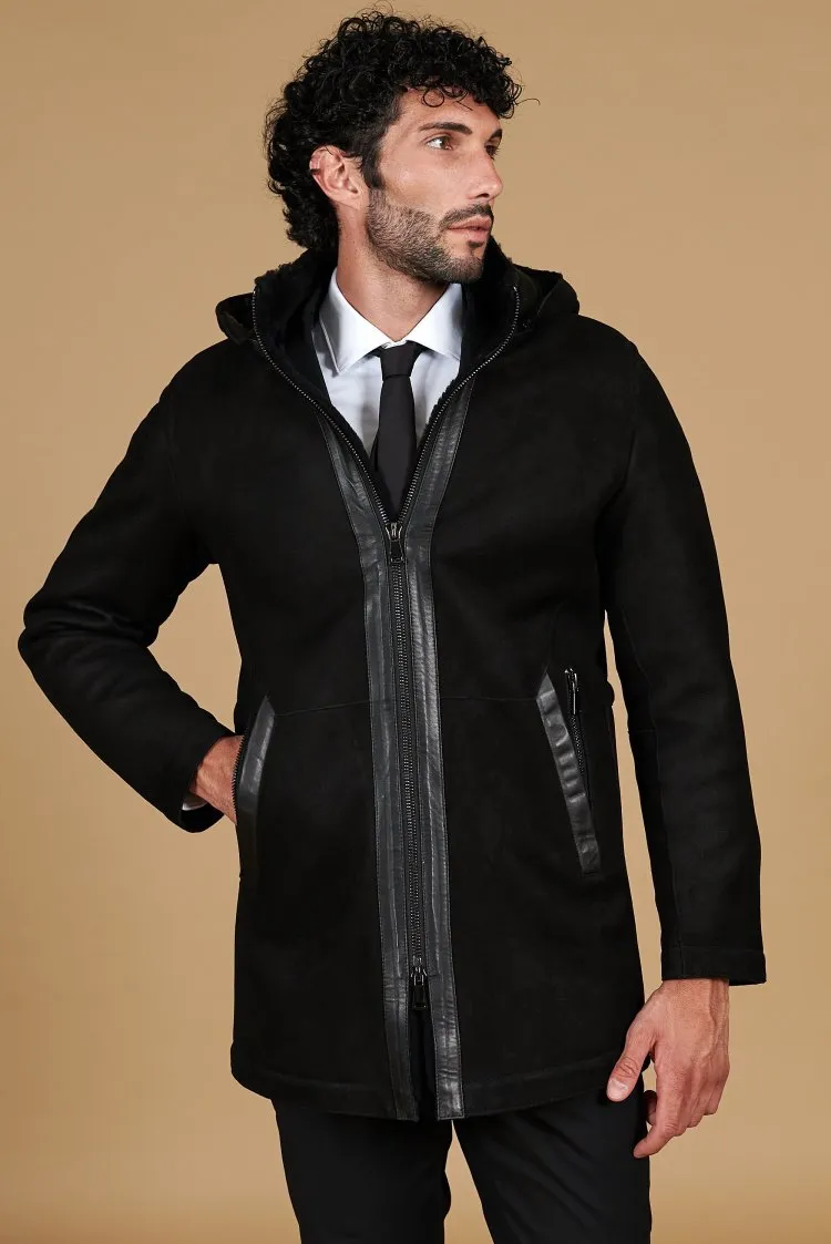 Image of Cappotto montone scamosciato nero shearling con cappuccio staccabile