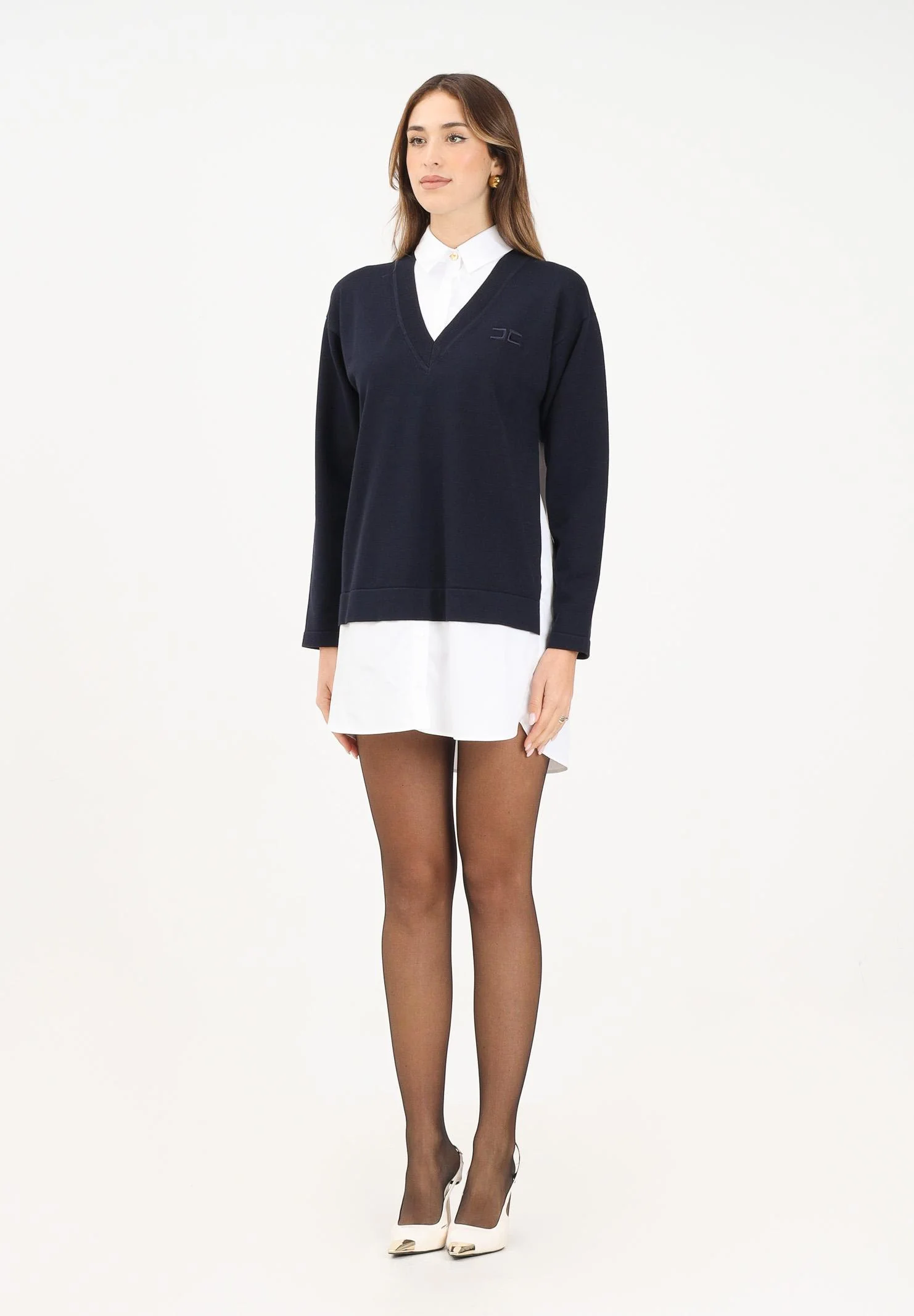 Image of ELISABETTA FRANCHI Abito corto da donna composto da camicia bianca e maglia blu
