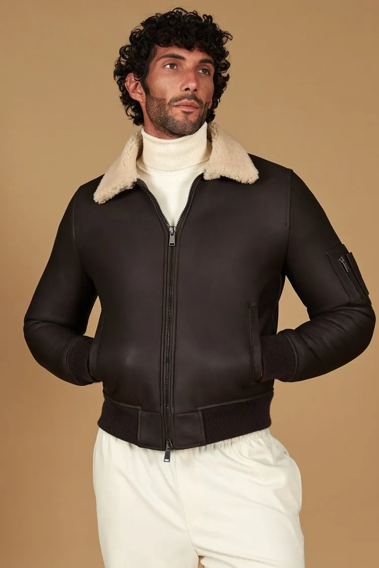 Image of Montone Shearling testa di moro bomber collo camicia