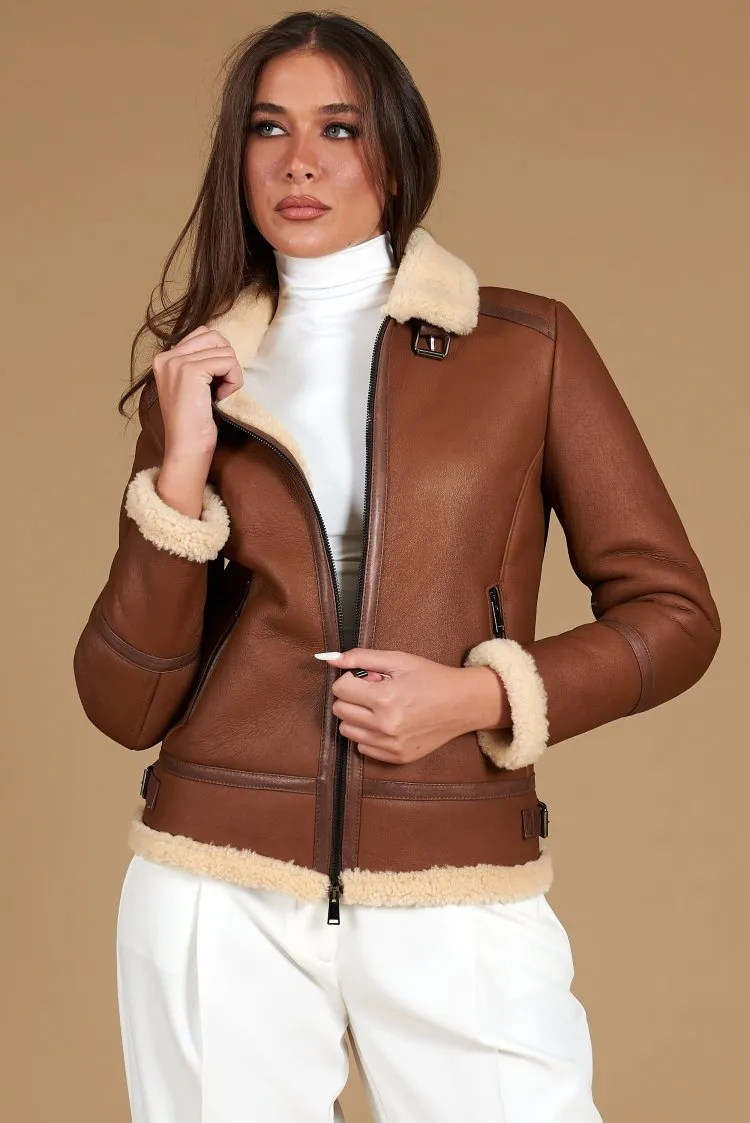Image of Montone shearling cuoio con fibbie e cerniera centrale