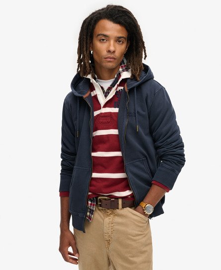 Superdry Maschio Felpa con zip, cappuccio e logo Essential Washed Navy Taglia:XXL