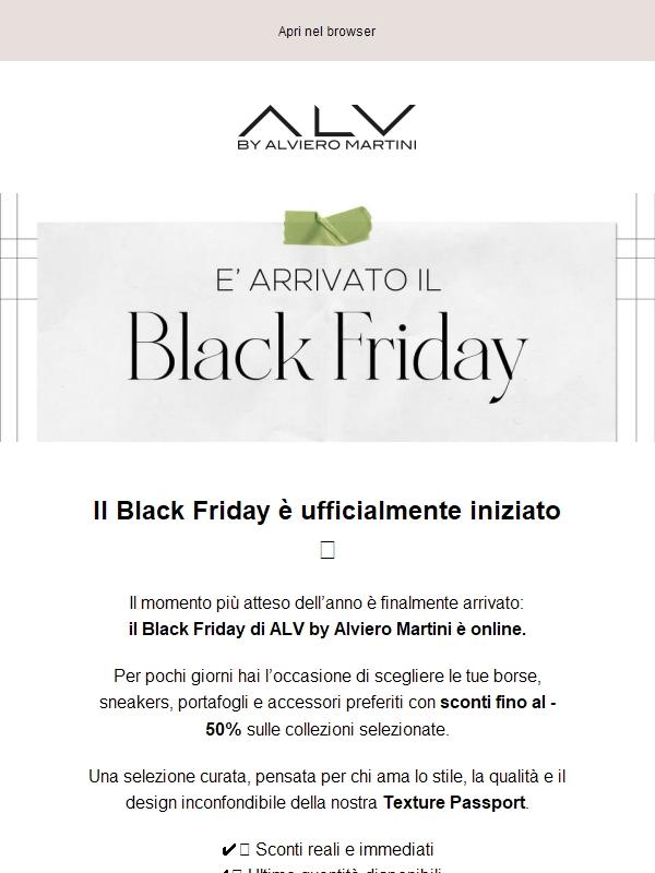 È arrivato il Black Friday ✨ – Sconti esclusivi su ALV by Alviero Martini