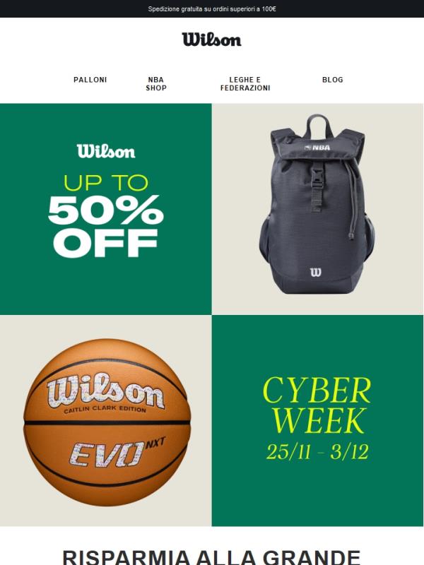 Fino al 50% di sconto sui palloni da basket, da football e da pallavolo firmati Wilson.