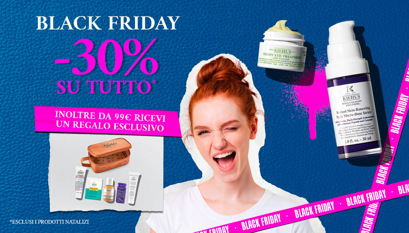 Visual della promo Black Friday Kiehl’s: -30% su tutto e regalo esclusivo da 99€. Mostrato anche il Calendario dell’Avvento scontato e una selezione di prodotti skincare.