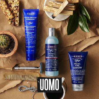 Questa immagine porta alla categoria “Uomo” di Kiehl’s, con prodotti specifici per la skincare e la rasatura maschile.