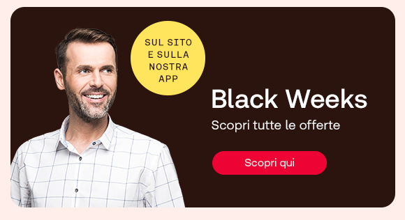 „Uomo sorridente su sfondo marrone scuro. Bollino giallo con testo: ‘Sul sito e sulla nostra app.’ Testo: ‘Black Weeks. Scopri tutte le offerte.’ Pulsante rosso: Scopri qui.“  Avène & La Roche-Posay – fino al -60%