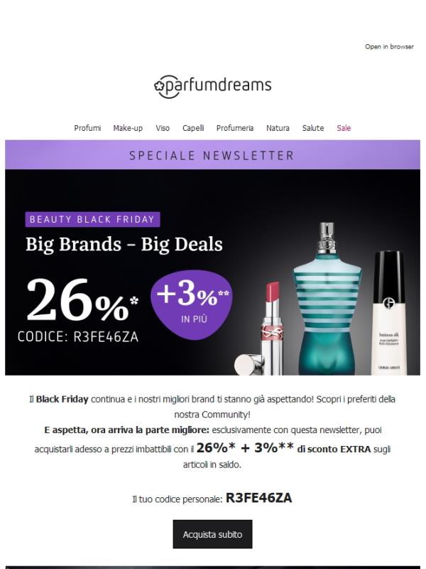 26% + 3% EXTRA su marchi come Lancôme, SENSAI, YSL e molti altri