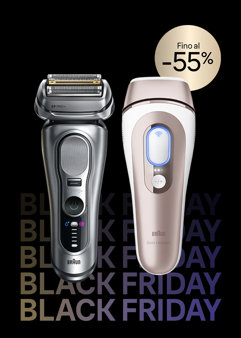 Immagine di due prodotti Braun, a sinistra il rasoio elettrico Series 9, a destra la luce pulsata Skin-i-expert