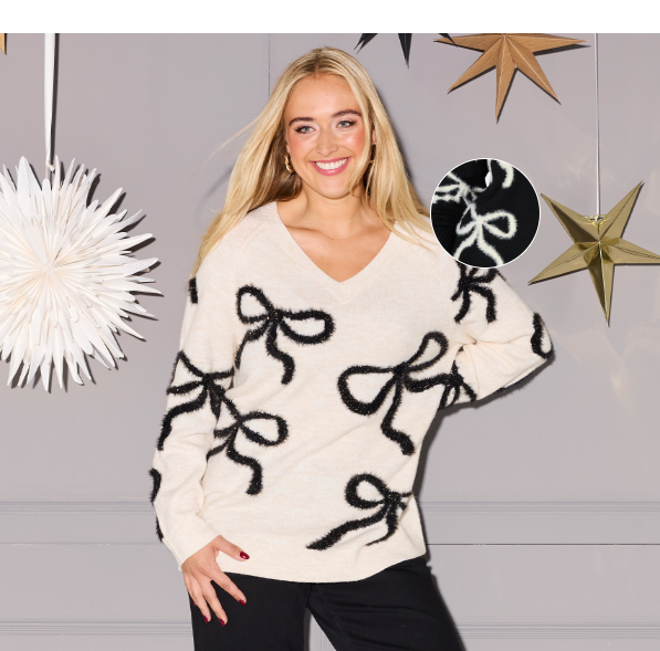 Maglione con fiocchi brillanti, scollo a V e maniche lunghe