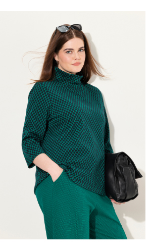 Felpa in cotone biologico con lavorazione jacquard, colletto alto e maniche a 3/4