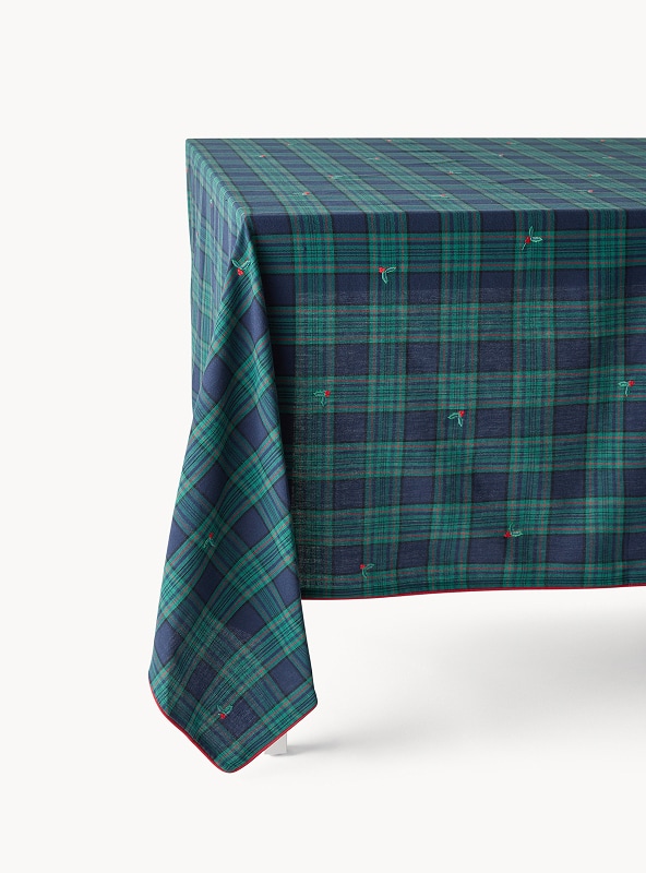 Tovaglia tartan in twill di cotone con ricami agrifoglio