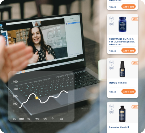 alt="Un laptop che mostra una riunione video e un'immagine che mostra un negozio online con diversi integratori. "»
