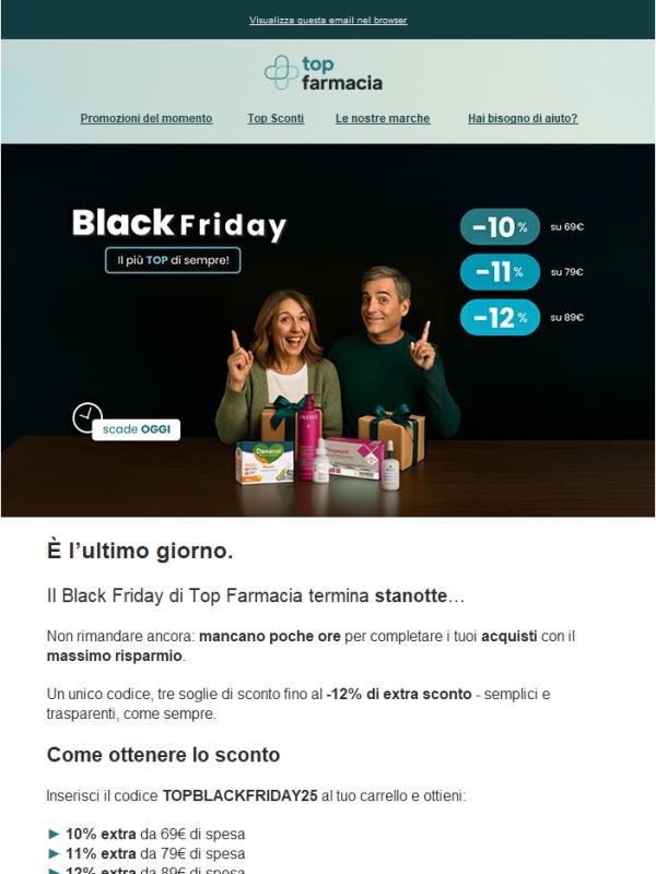 🔔 Ultimo giorno di Black Friday > Hai tempo fino a mezzanotte!