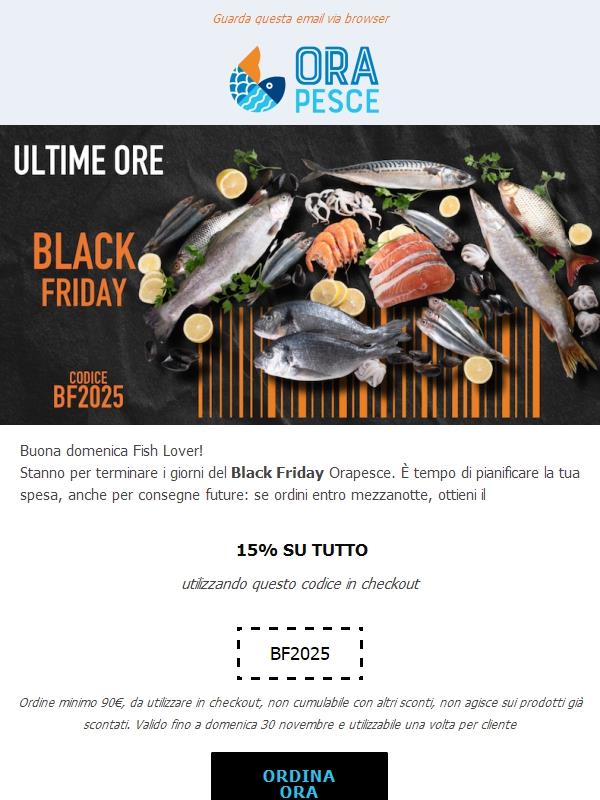 Termina a mezzanotte, Fish Lover! Black Friday Orapesce ⌚ 15% su tutto, con il tuo codice magico
