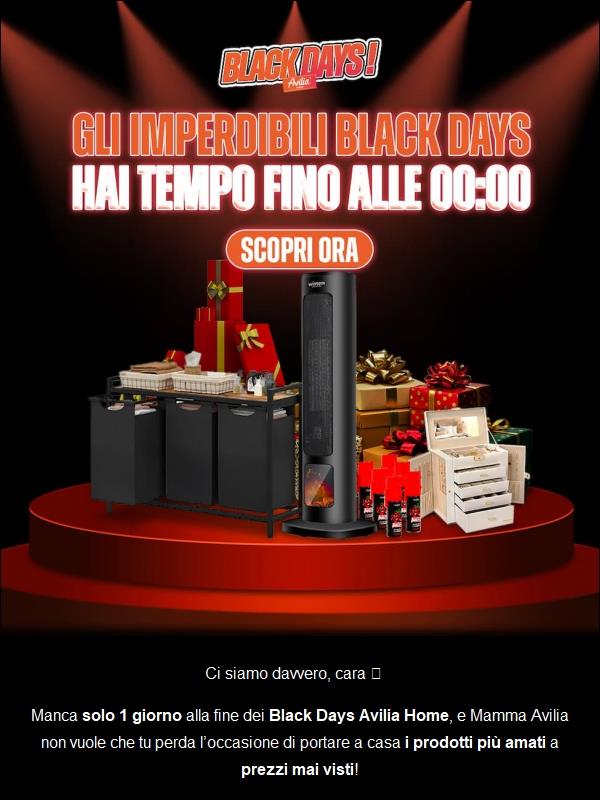 ⏰ Ciao, ultimi sconti Black Days: hai solo 24 ore per approfittarne!