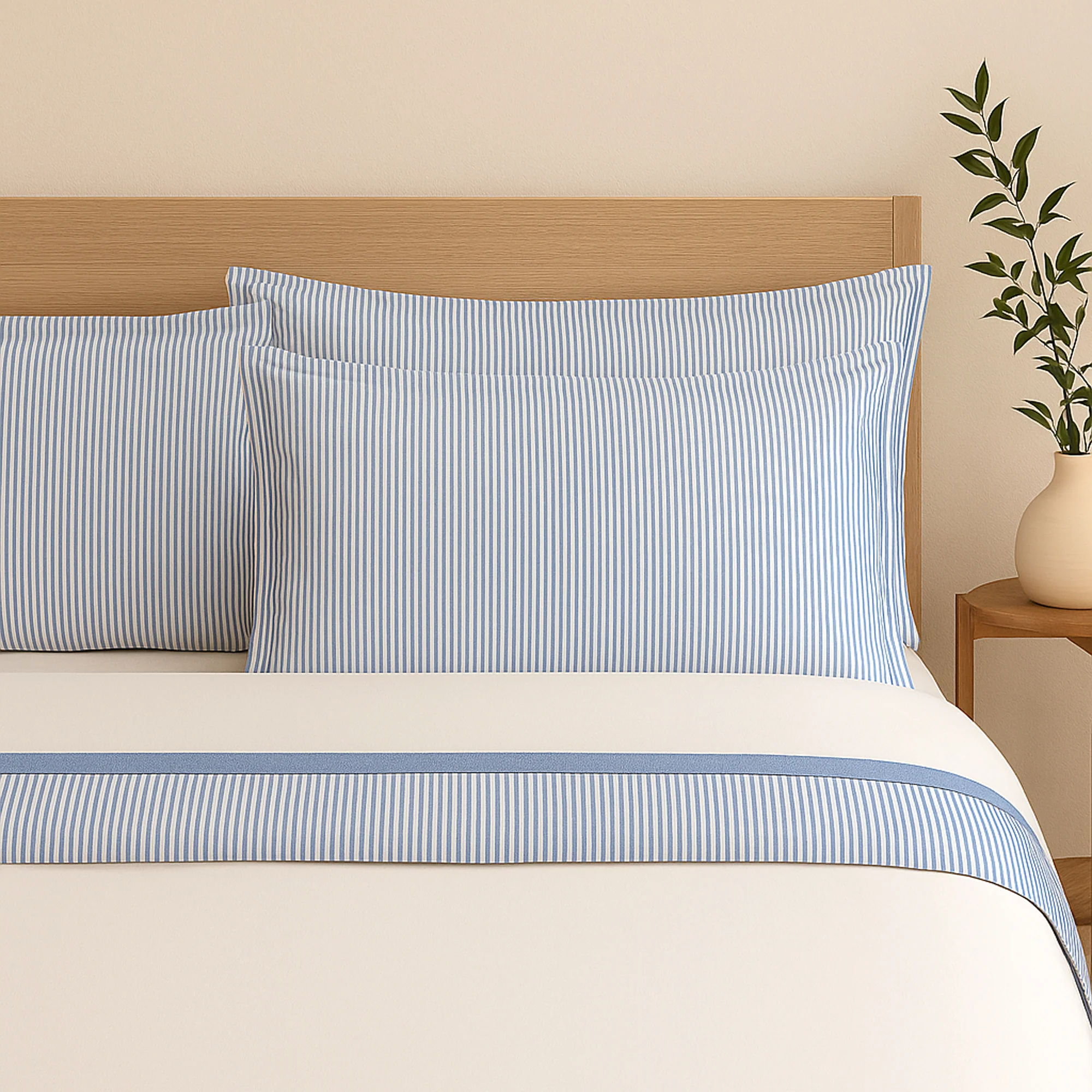 Image of Completo Lenzuola in Puro Cotone <br>con Bordo Rigato Tinto in Filo - <b>Taormina